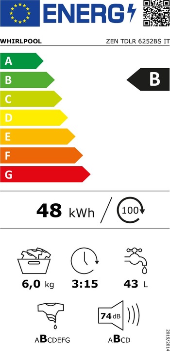 Energie-Label Whirlpool ZEN TDLR 6252BS DE Toplader-Waschmaschine 6 kg 1151 U/min Weiss (6 kg, Unten)