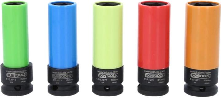 Productafbeelding KS Tools 1/2 inch aluminium rand power doppenset robuust, 5 stuks. (15 mm, 17 mm, 19 mm, 21 mm, 22 mm)