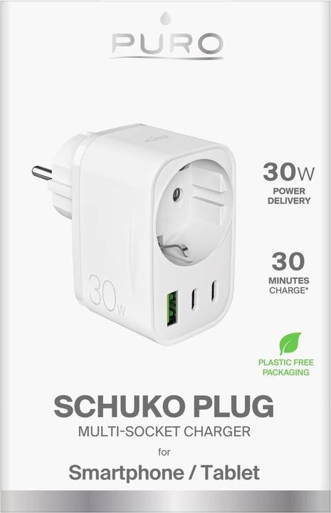 Image du produit Puro 30W Power Delivery Ladegerät mit Schuko Stecker und Buchse 2x USB-C + 1x USB-A - Weiss (30 W)