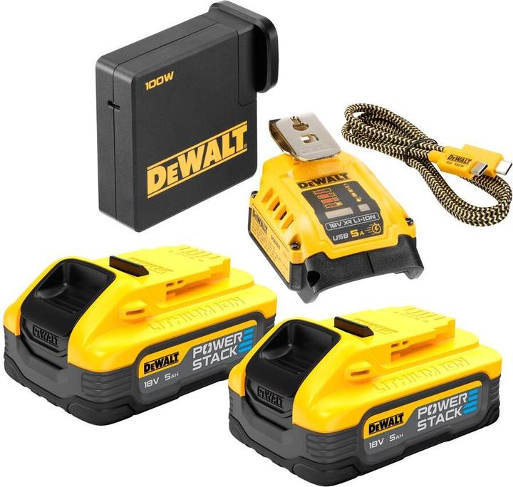 Power pack set with 2 5.0 Ah batteries, charger and USB XR Li-Ion 18V and 54V PowerStack adapter