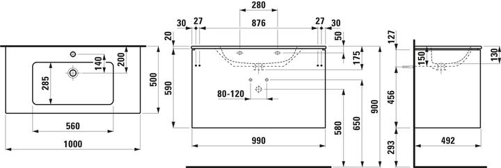 Immagine prodotto Laufen Pro S Set Base 1000, lavabo, 1 foro per rubinetto, troppopieno, incluso mobiletto, 2 cassetti
