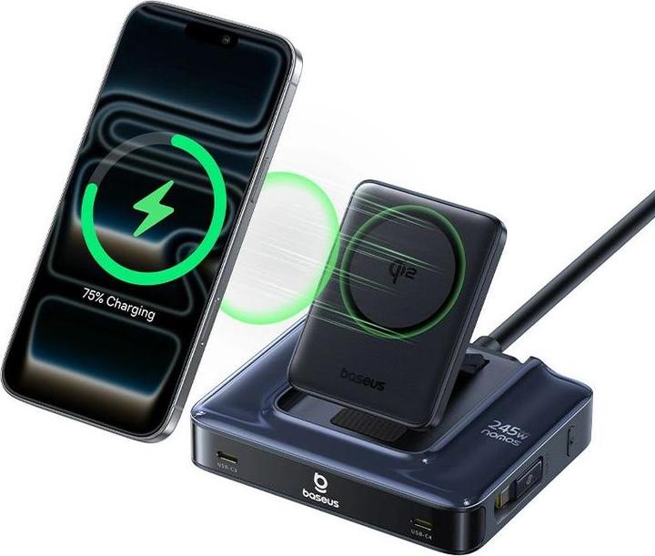 Produktbild Baseus Stacja ładująca Nomos NH21 6w1 245W bezprzewodowa z dwoma zwijanymi kablami USB-C - czarna (245 W, 6 Ports)