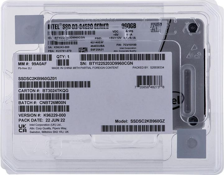 Actual product image Intel SSD D3 S4520 SERIES 960GB 2.5" SATA 6GB/S 3D4 TLC SINGLEPACK (960 GB, 2.5")