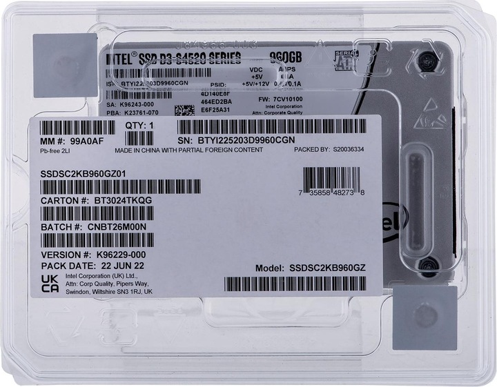 Produktbild Intel SSD D3 S4520 SERIES 960GB 2.5" SATA 6GB/S 3D4 TLC SINGLEPACK (960 GB, 2.5")