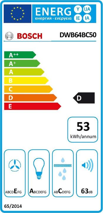 Energie-Label Bosch Hausgeräte Serie 2 DWB64BC50 Dunstabzugshaube Wandmontiert Edelstahl ³/h D (Wandhaube)