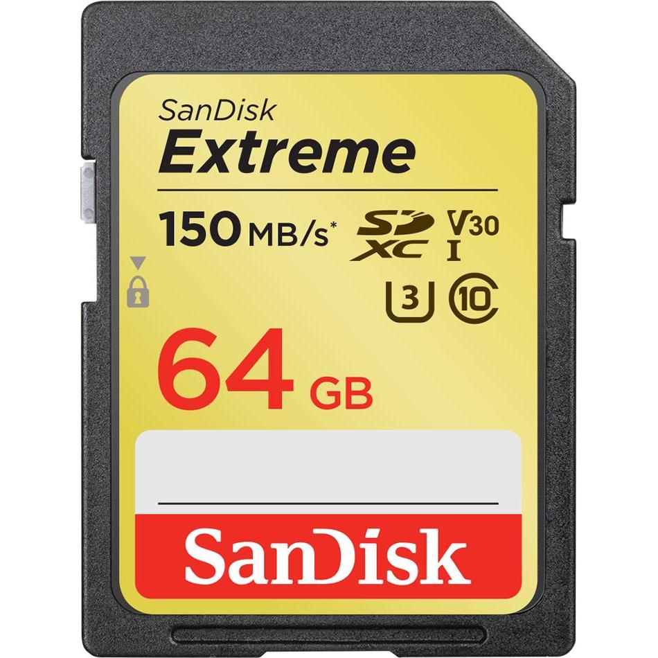 SanDisk Extreme SDXC (64 GB, SDXC, U3, UHS-I), Speicherkarte, Schwarz