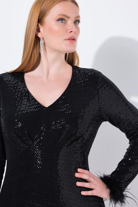 Image du produit Ulla Popken Robe bodycon à paillettes, manches longues avec plumes fantaisie (44)