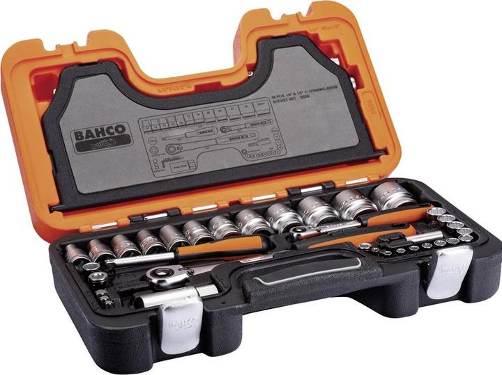 Produktbild Bahco 1/4"- und 1/2"-Steckschlüssel-Satz, metrisch, Doppelsechskant, inklusive Umschaltknarre mit schla (1/2", 1/4")