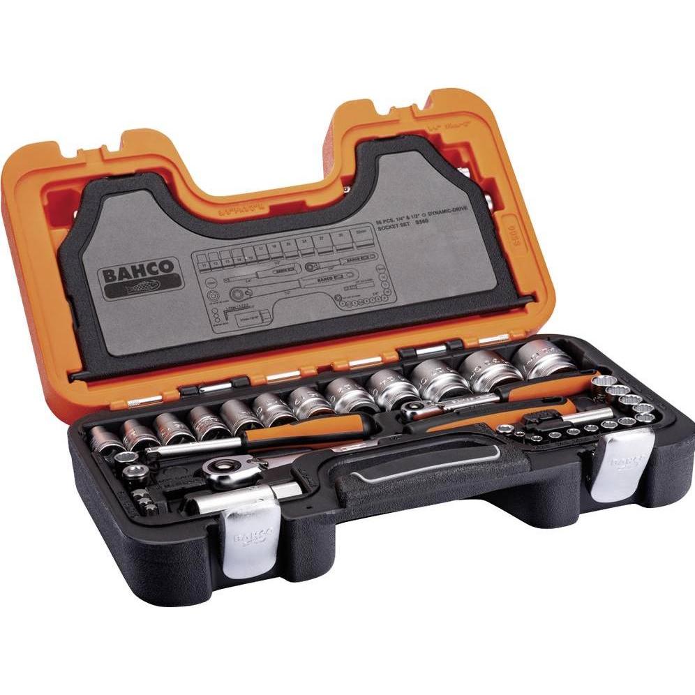 Bahco, Chiave a bussola + esagonale, Set di chiavi a bussola da 1/4" e 1/2", metriche, a doppio esagono, incluso cricchetto reversibile (1/4", 1/2")