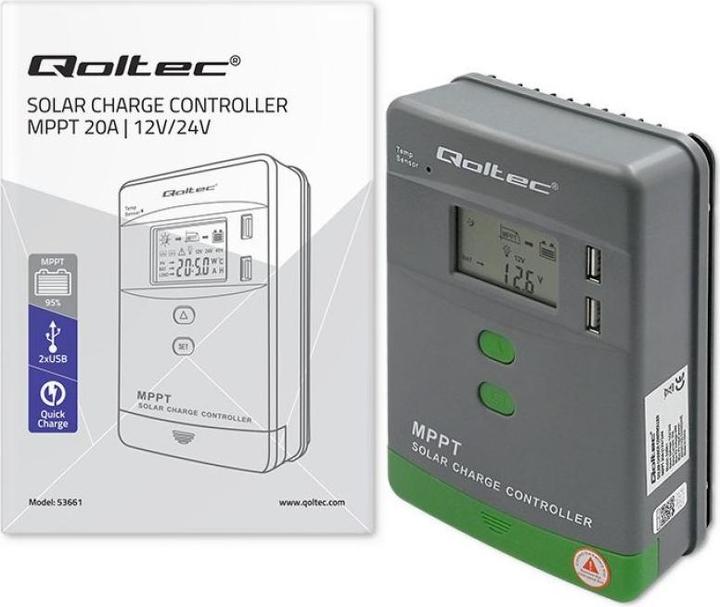 Produktbild Qoltec Solar MPPT Laderegler mit Temperatursensor 20A |12V/24V | LCD-Anzeige | 2 x USB