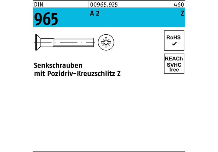 Produktbild Senkschraube ISO 7046-2 m.Kreuzschlitz-PZ M 5 x 25 -Z A 2 (500 Schrauben pro Stück)