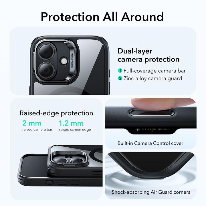 Actual product image ESR Classic Hybrid Magnetic Case (Camera Control, Stash Stand), for iPhone 17, Clear Black (Apple iPhone 17)