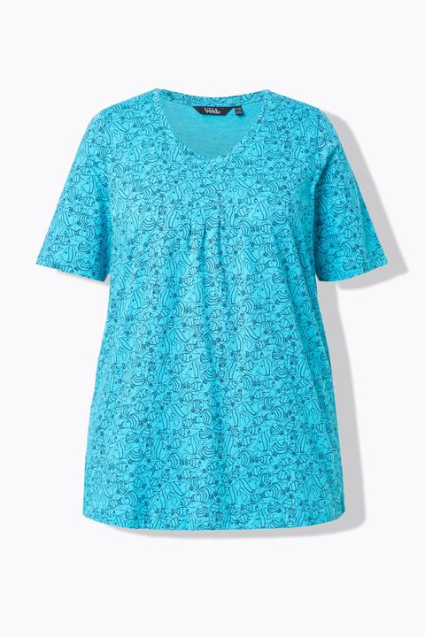 Actual product image Ulla Popken Geometric Fish Print Short Sleeve V-Neck Tee (60)