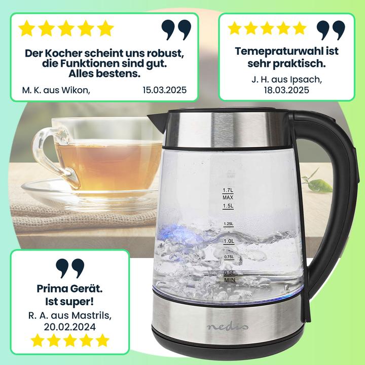 Actual product image Nedis Kettle - Glass housing - Temperature display - Variable temperatures (60, 70, 80, 90, 100 (1.70 l)