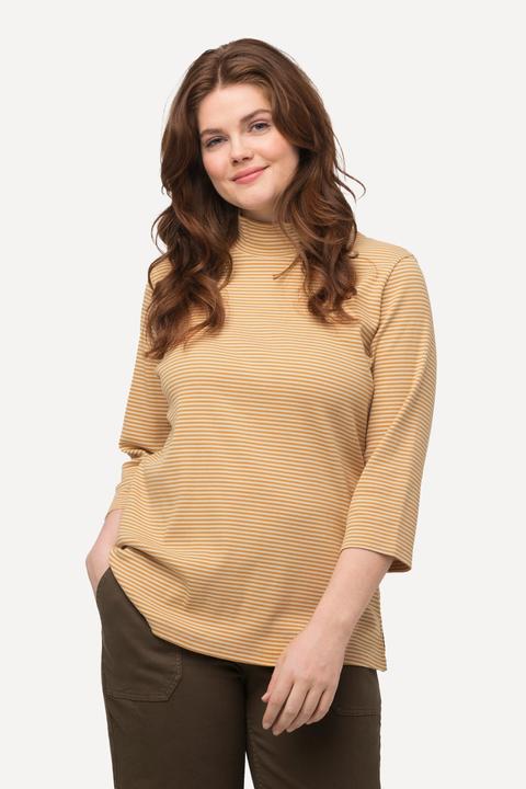 Image du produit Ulla Popken T-shirt slim à col montant et manches 3/4, coton bio, rayures (46, 48)