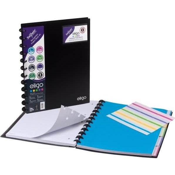 Snopake, Heft + Block, Projektbuch Eligo ReOrganiser A4 75 Blatt 80g/qm mit Register PP schwarz (A4, Liniert)