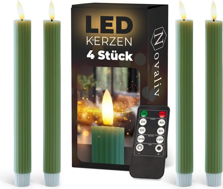 Novaliv Stabkerzen LED mit Timer Grün 4 Stück Grün indoor - 6 Stunden - ECHTWACHS gerippt 23cm Höhe für (4 x)
