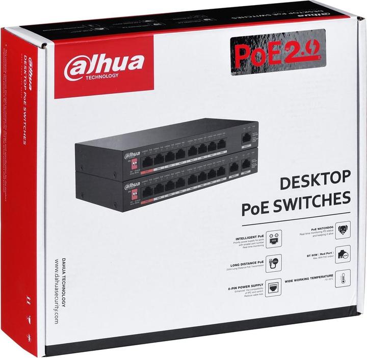 Image du produit Dahua PoE PFS3010-8ET-96-V2 Commutateur réseau Gigabit Ethernet non géré (10/100/1000) Power over Ethernet (10 Ports)
