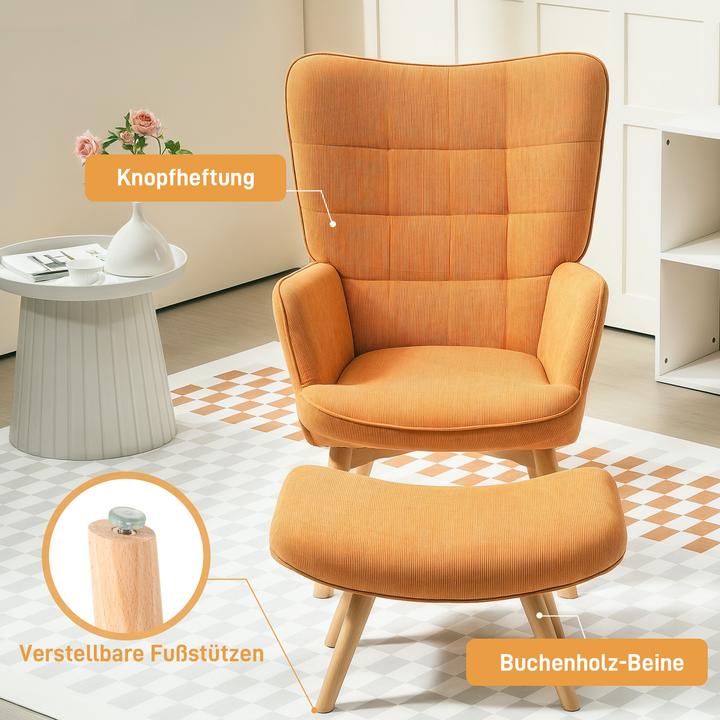 Produktbild Homcom Ohrensessel mit Hocker Kord Braun