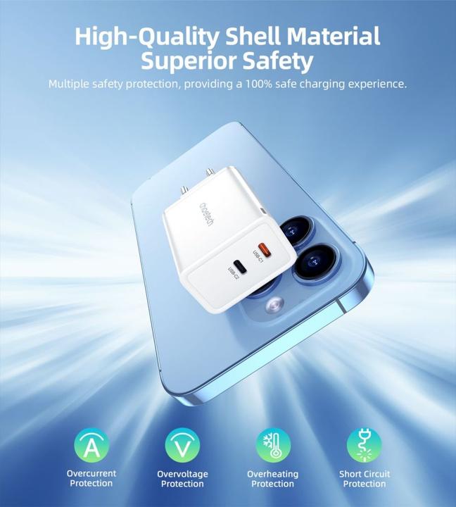 Actual product image Choetech PD6013 2x USB-C PD 65W GaN wall charger - white (65 W, 2 ports)
