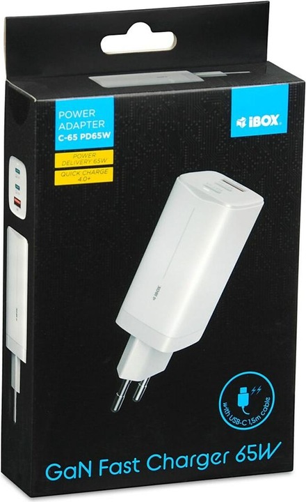 Actual product image iBox C-65 PD65W UNIVERSAL CHARGER GaN USB-C KABELIS Baltas (65 W)