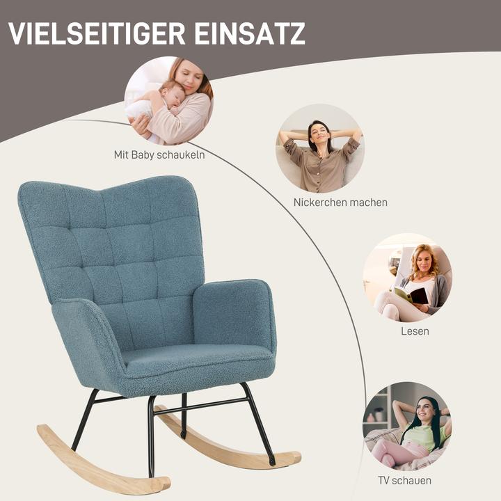 Actual product image Homcom Schaukelstuhl Berbervlies (100% Polyester), Buchenholz, Stahl, Schaumstoff Hellblau