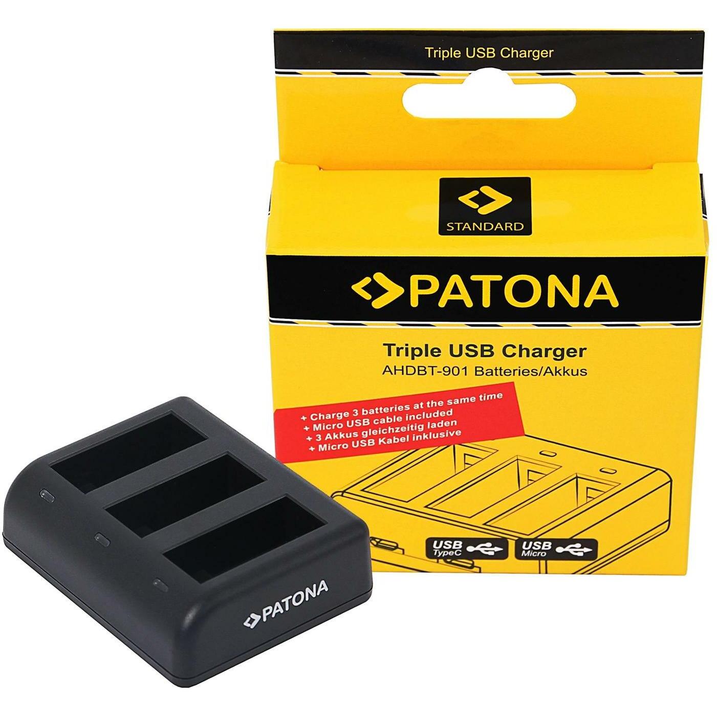 Patona Triplo caricatore USB Gopro Hero 9, Accessori action cam, Nero