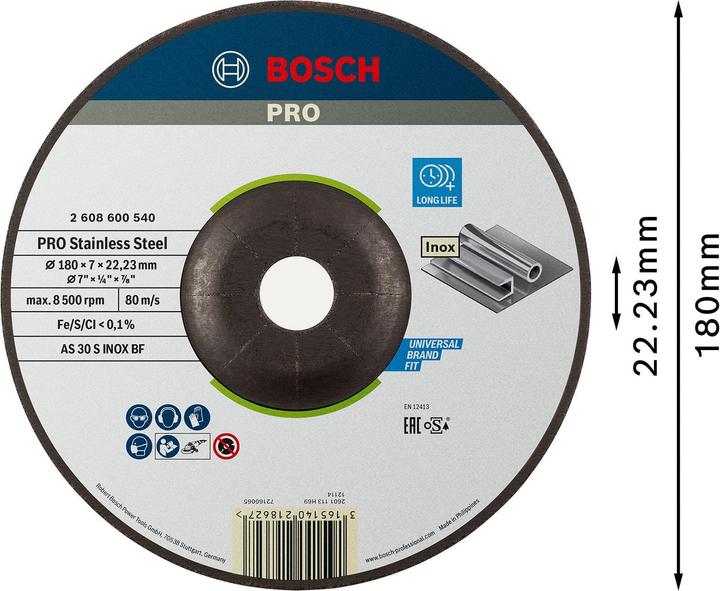 Produktbild Bosch Professional Zubehör PRO Stainless Steel Schruppscheibe, 180 x 6 x 22,23 mm