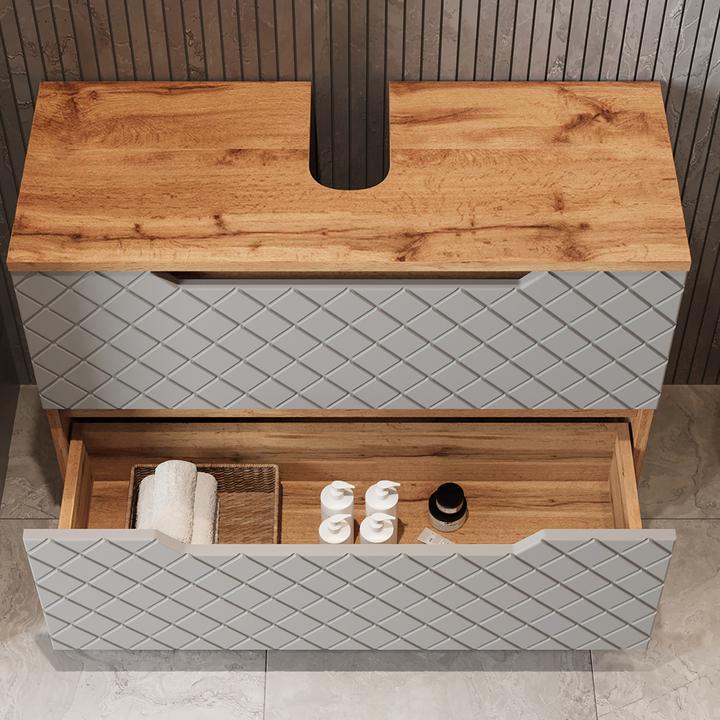 Actual product image Vicco Waschbeckenunterschrank Lotta, Eiche/Grau mit Kachelstruktur, 79.6 x 62.5 cm mit 2 Schubladen (79.60 x 32 x 62.50 cm)