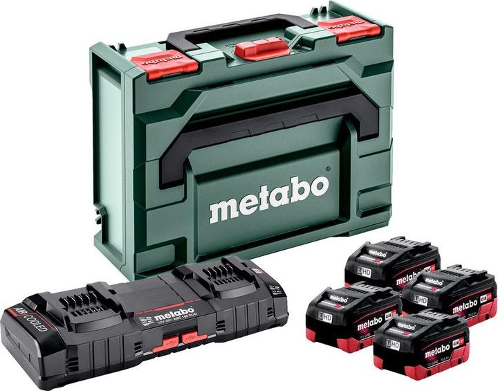 4x Metabo LiHD battery pack 18 V 10.0 Ah CAS system ( 625549000 ), 1x Metabo ASC 145 DUO double charger ( 627495000 ), 1x Metabo metaBOX, 1x matching insert