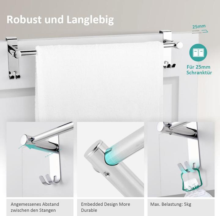 Actual product image Emke Extendable Towel Rail with Hooks, Stainless Steel, No Drilling Required, 44-63cm, Chrome