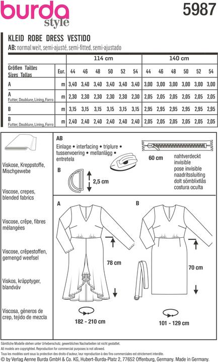 Produktbild Schnittmuster Kleid mit V-Ausschnitt und schmalen Ärmeln