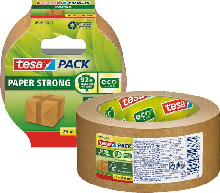Produktbild tesa tesapack PAPER ecoLogo Packband - Umweltgerechtes Paketband aus Papier, 60 % biobasiertes Material (38 mm)