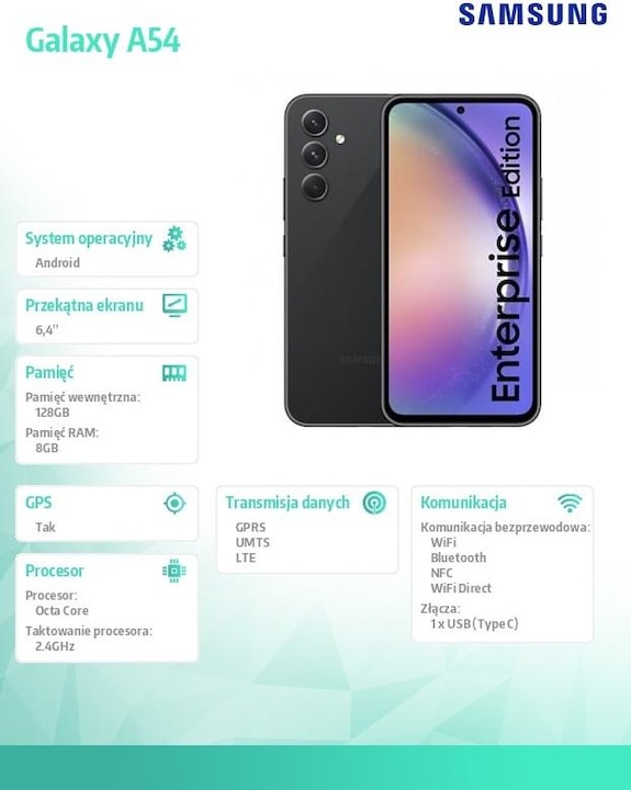 Actual product image Samsung Galaxy A54 Enterprise Edition (128 GB, Awesome Graphite, 6.40", Hybrid Dual SIM, 50 Mpx, 5G)