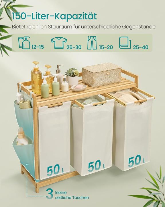 Produktbild Songmics Wäschekorb Bambus 3 Fächer (150 l)