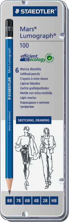 Actual product image Staedtler Pencil Mars® Lumograph® 100 Lead thickness: 2 mm Designation of hardness: 8B, 7B, 6B, 4B, 2 (2 mm, 6B, 4B, 7B, 2B, 8B, HB, 1 x)