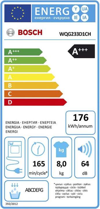 Label énergétique Bosch Hausgeräte WQG233D1CH (8 kg, Droite)