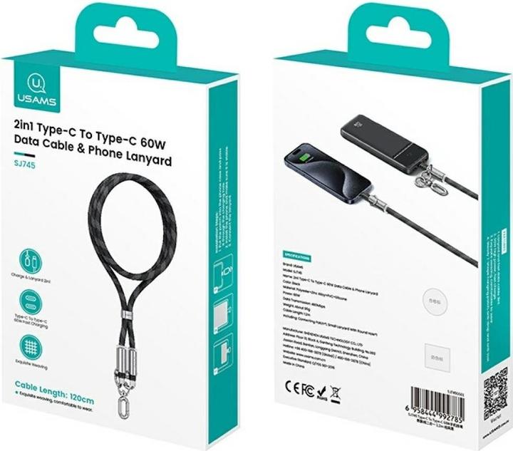 Produktbild Usams Smycz do telefonu z kablem do ładowania SJ745 60W USB-C do USB-C 1.2m czarny (1.20 m, USB 3.2 Gen 1, 60 W)