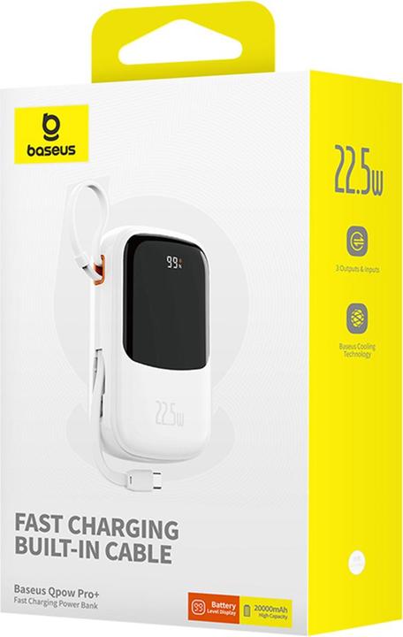 Produktbild Baseus Qpow Pro+ 20000 mAh 22,5 W Powerbank mit integriertem USB-C-Kabel und Display – Weiss (20000 mAh, 22.50 W, 74 Wh)