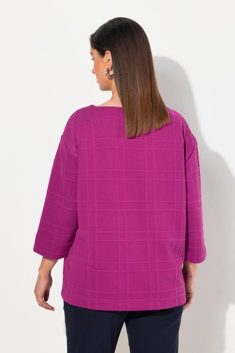 Actual product image Ulla Popken Textured Grid Check 3/4 Sleeve Boat Neck Sweatshirt (46, 48)