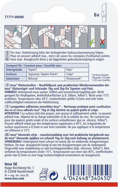 Produktbild tesa Powerstrips für Tapete & Putz, 1kg Halteleistung, 6x doppelseitige Klebestreifen
