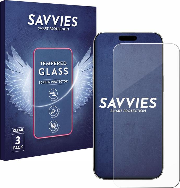 Produktbild Savvies Panzerglas Displayschutz 9H Schutzglas Glas Klar Transparent (3 Stk., Apple iPhone 16 Pro)