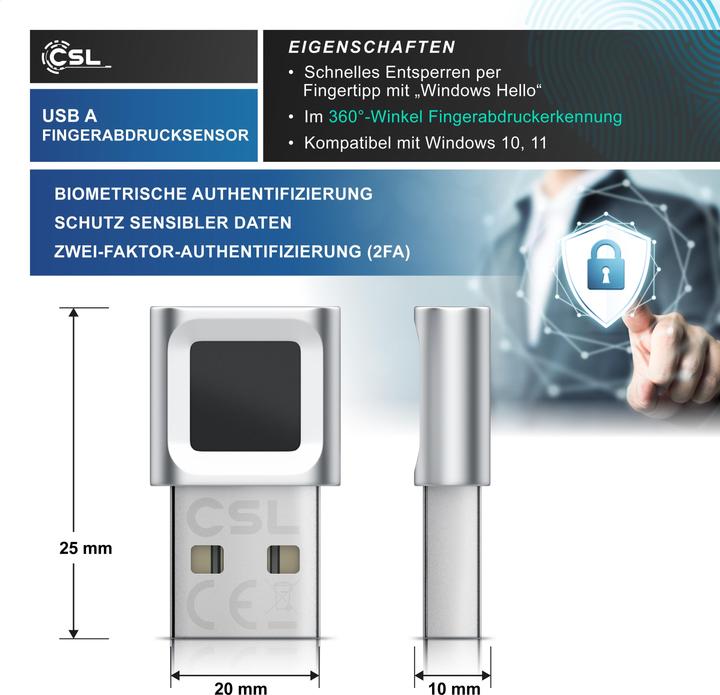 Actual product image CSL Fingerabdrucksensor, Windows 11, bis zu 10 IDs, biometrische Authentifizierung, Plug & Play, USB-A