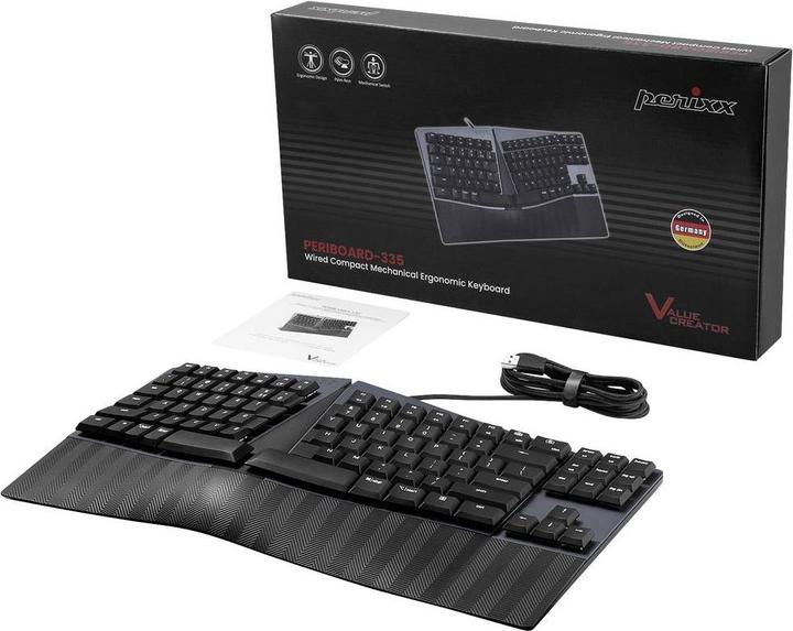 Produktbild Perixx PERIBOARD-335 DE RD, Kabelgebundene ergonomische mechanische kompakte Tastatur - flache rote (DE, Kabelgebunden)