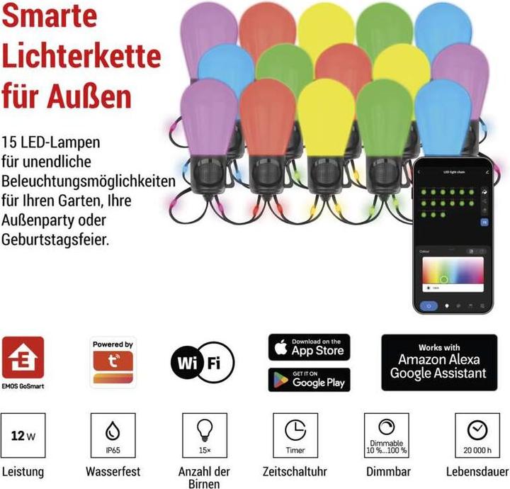 Image du produit Emos GOSMART LED LIGHT CHAIN 15x PARTY BULBS, 15 M (15 m)