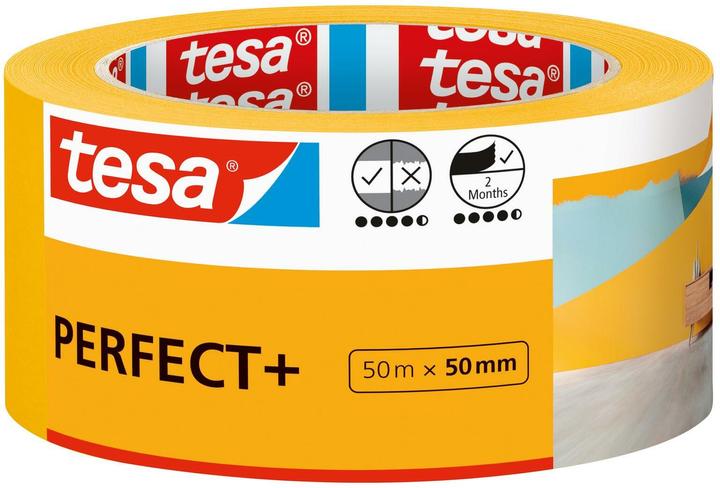 Image du produit tesa Crêpe de peintre Perfect+, ruban adhésif de masquage pour un masquage précis en intérieur (50 mm)