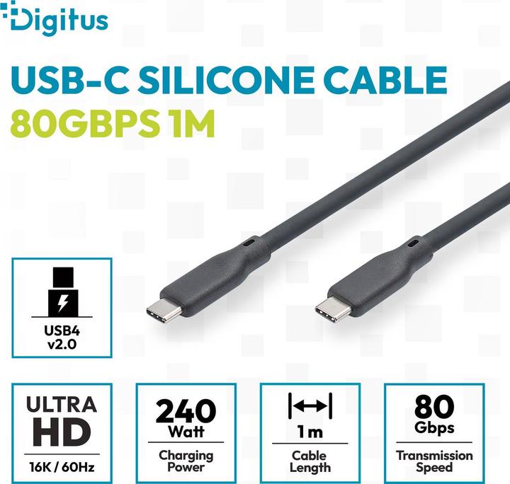 Produktbild Digitus USB Silikon Kabel, USB4 Version 2.0, USB 80Gbps, 1m, schwarz (1 m, USB 4 Version 2.0, 240 W)