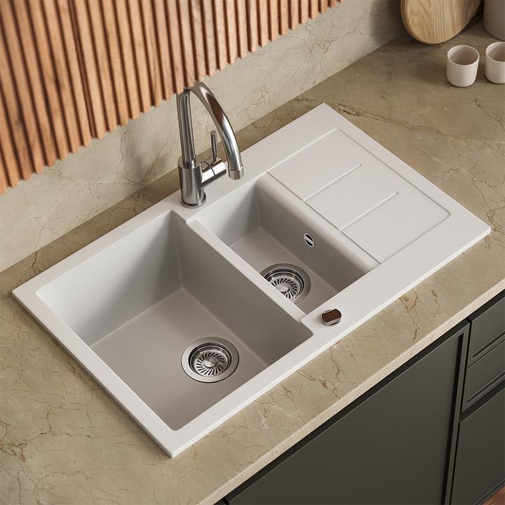 Produktbild Bergström Spülbecken Seattle, Weiss, 80 x 50 cm mit 2 Spülbecken & Trockenplatz (Einbauspüle mit Abtropffläche, 50 cm, 80 cm)