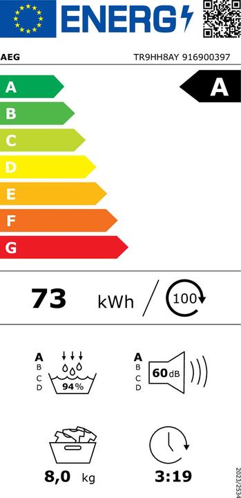 Label énergétique AEG TR9HH8AY (8 kg, Modifiable)