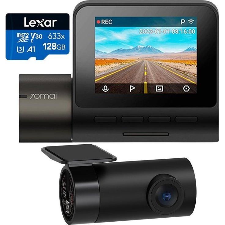 70mai Videoregistratore A200 HDR + fotocamera tylna RC11 + karta Lexar 128GB, Dashcam, Nero